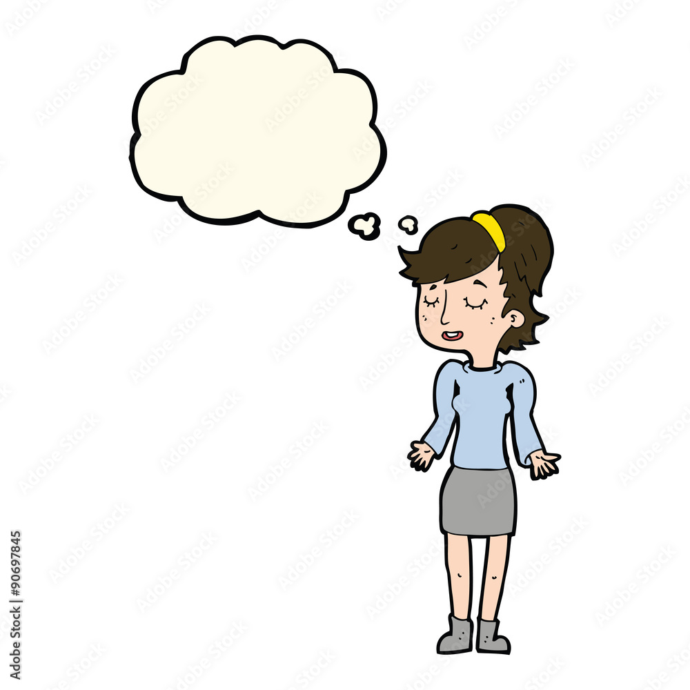 cartoon woman shrugging shoulders with thought bubble cartoon woman shrugging shoulders with thought bubble