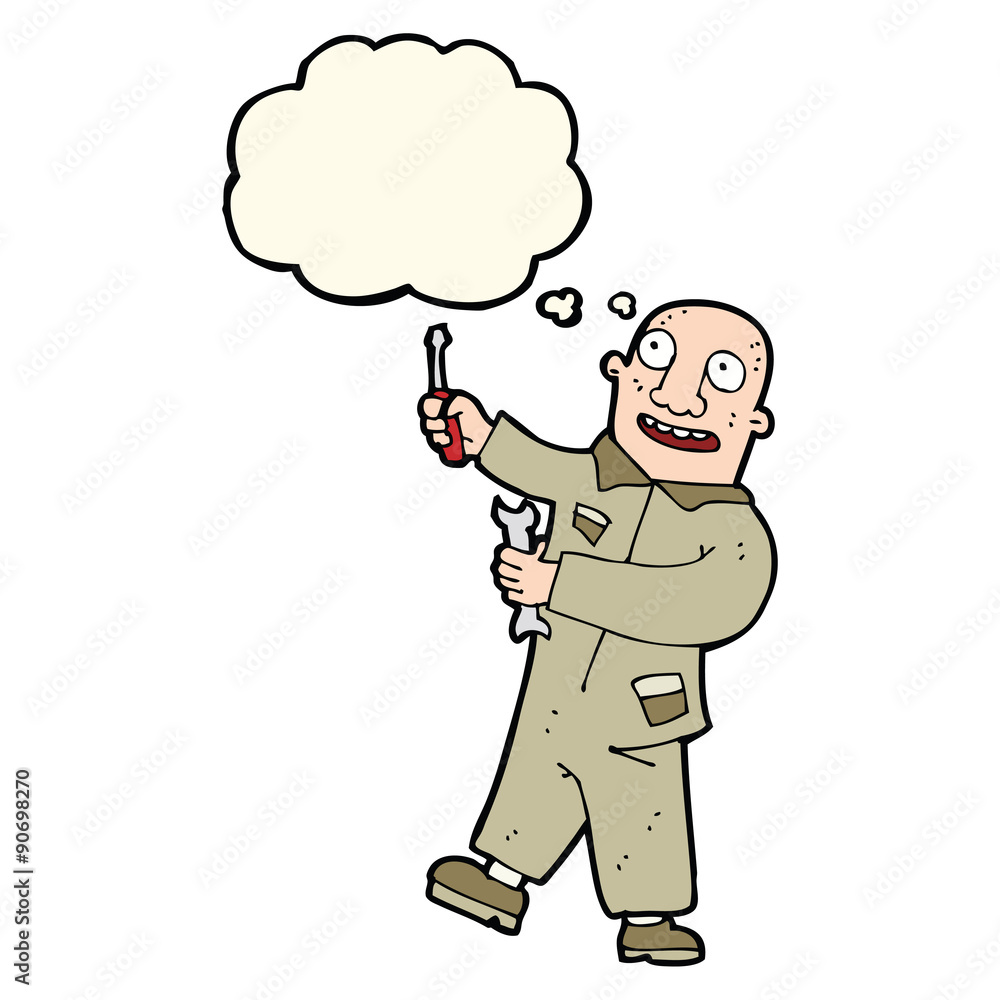 cartoon mechanic with thought bubble cartoon mechanic with thought bubble