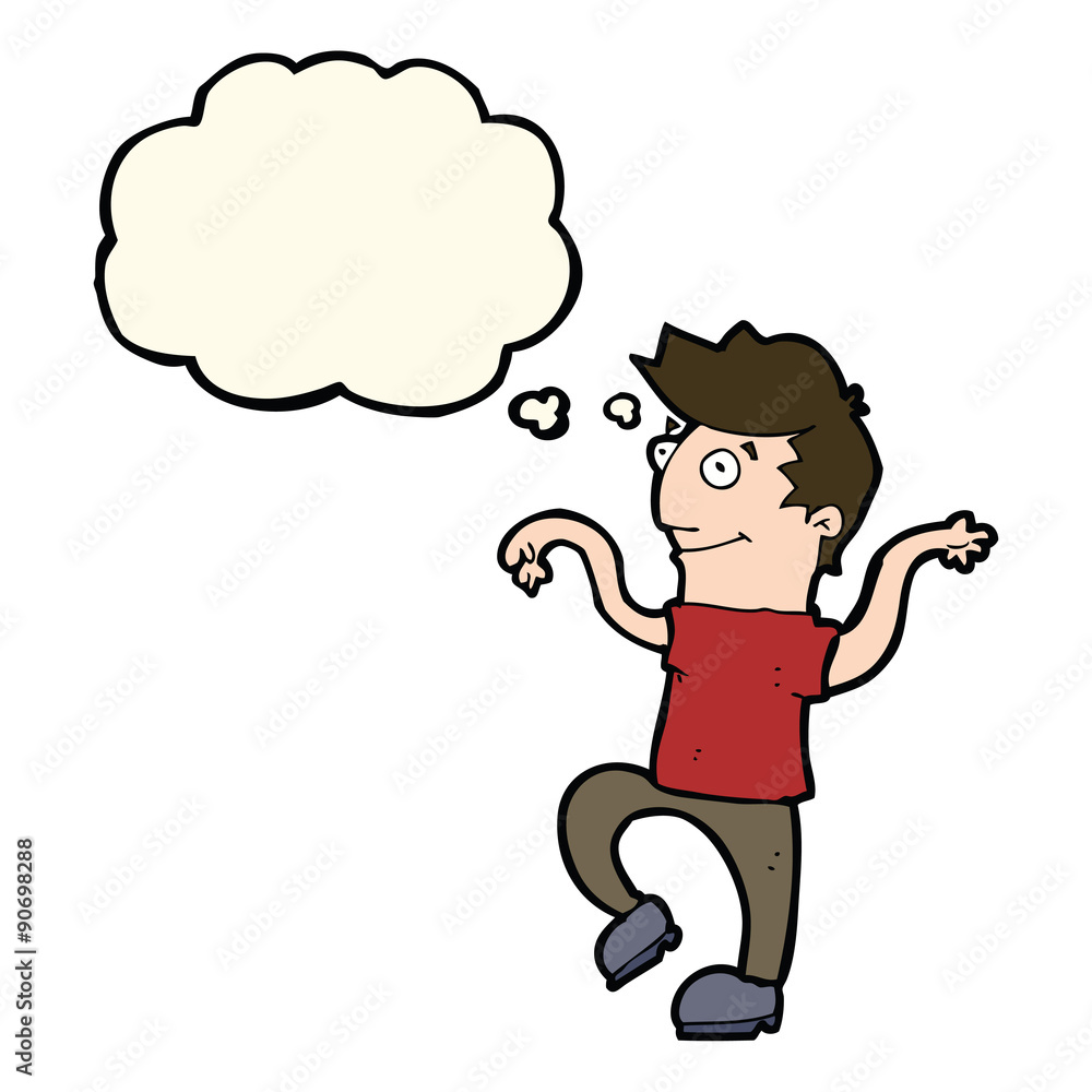 cartoon happy man doing funny dance with thought bubble cartoon happy man doing funny dance with thought bubble