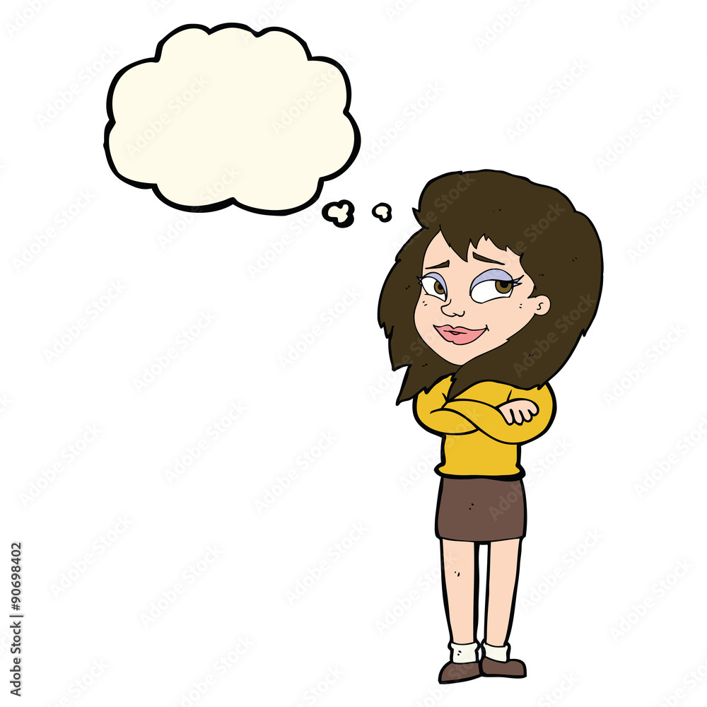 cartoon woman with crossed arms with thought bubble cartoon woman with crossed arms with thought bubble