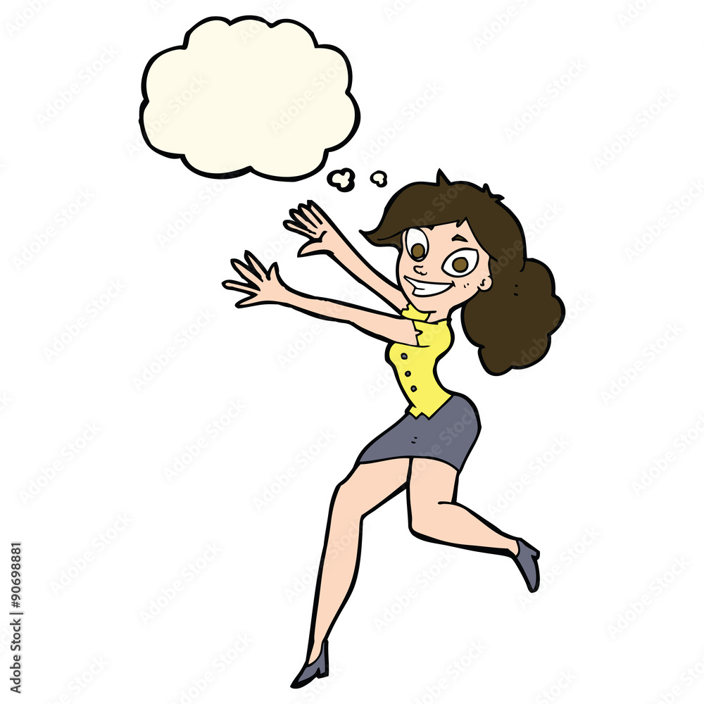 cartoon happy woman jumping with thought bubble cartoon happy woman jumping with thought bubble