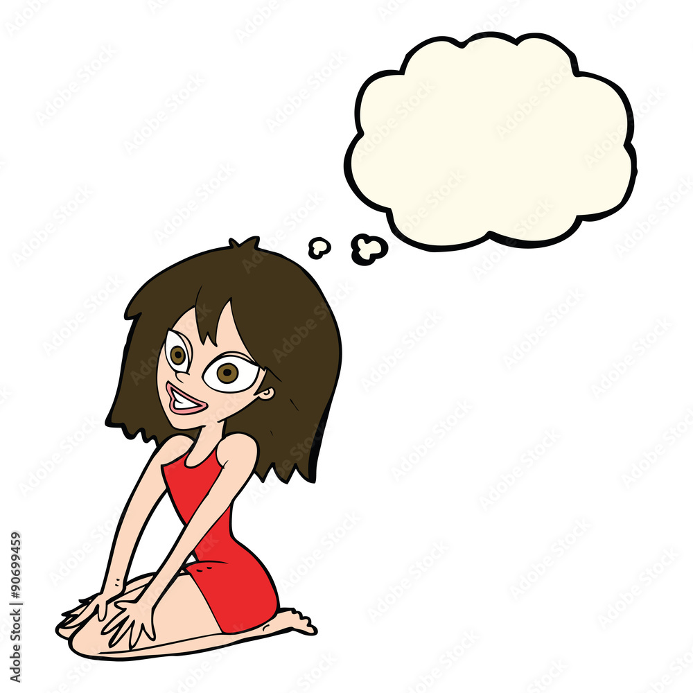 cartoon happy woman in dress with thought bubble cartoon happy woman in dress with thought bubble