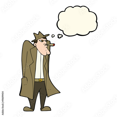 cartoon man in hat and trench coat with thought bubble