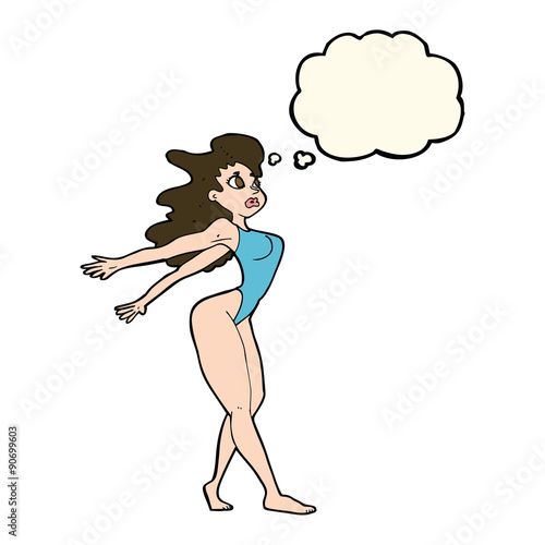 cartoon sexy woman in swimsuit with thought bubble