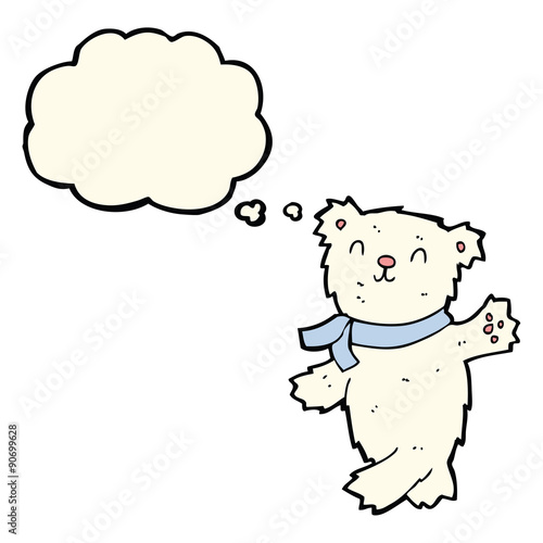 cartoon waving teddy polar bear with thought bubble