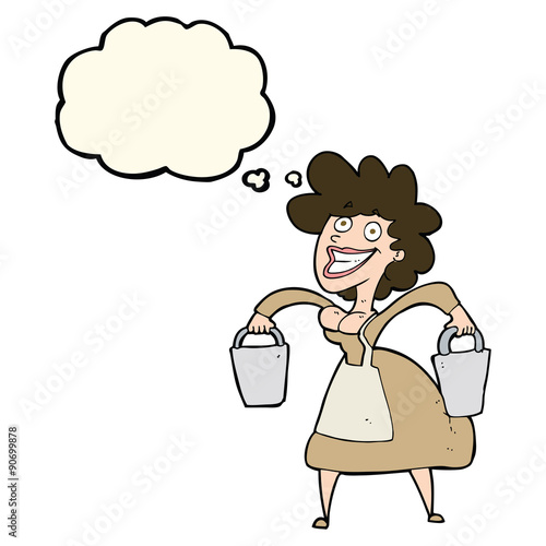 cartoon milkmaid carrying buckets with thought bubble