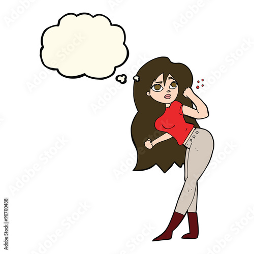 cartoon woman raising fist with thought bubble