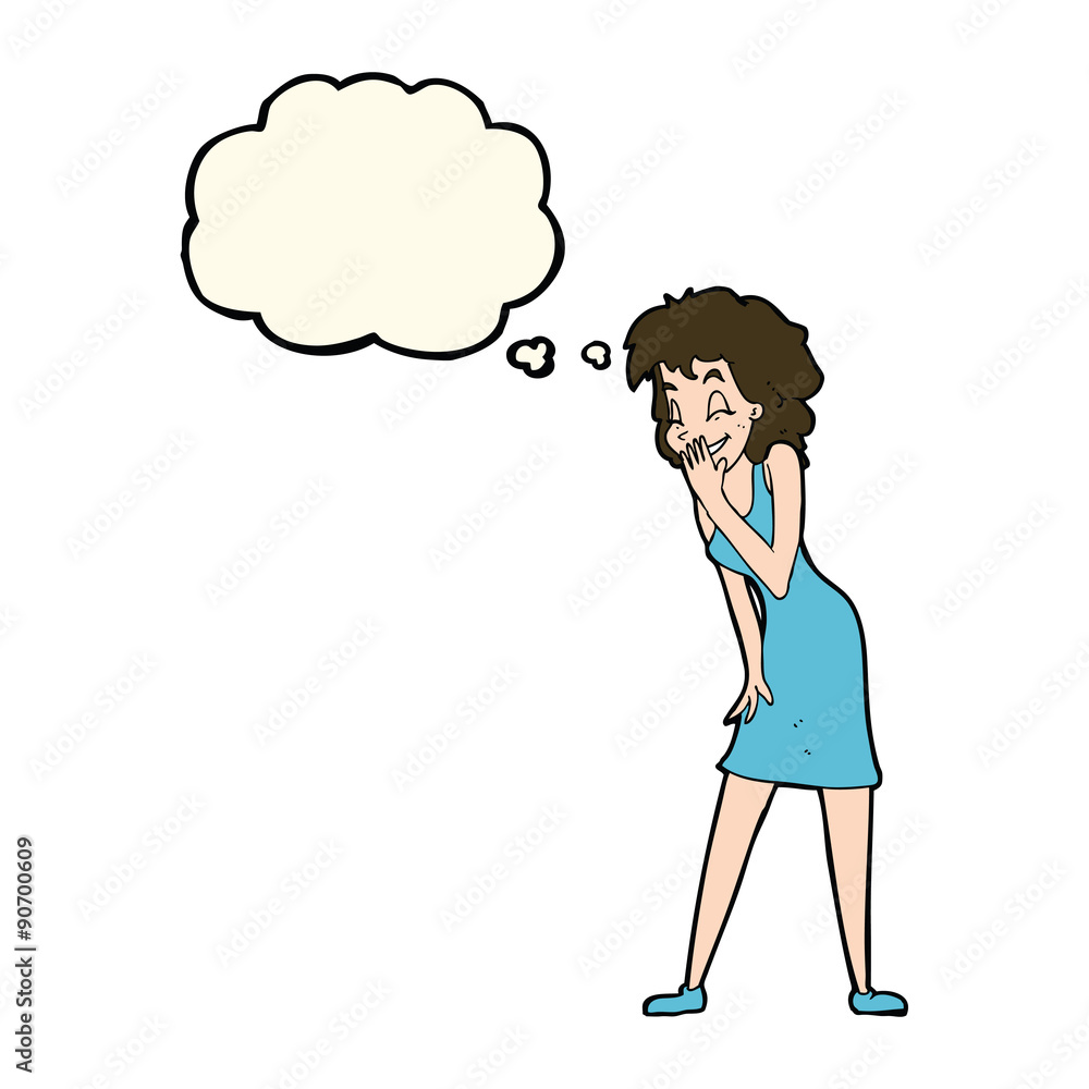 cartoon woman laughing with thought bubble cartoon woman laughing with thought bubble