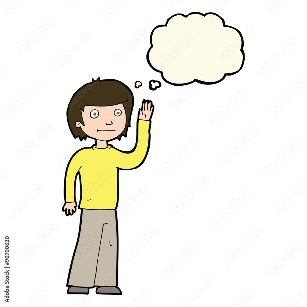 cartoon friendly boy waving with thought bubble cartoon friendly boy waving with thought bubble