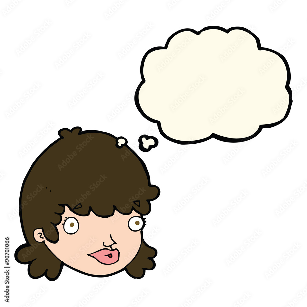cartoon staring girl with thought bubble