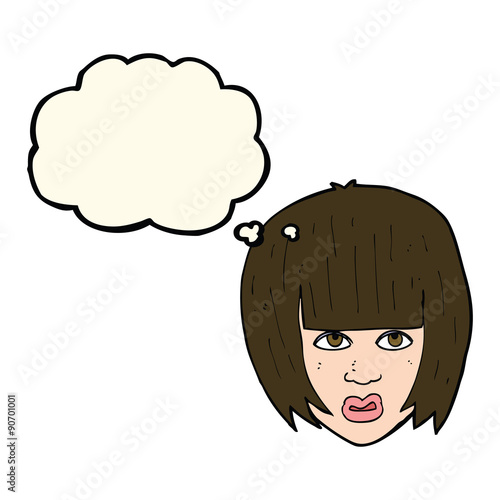 cartoon annoyed girl with big hair with thought bubble