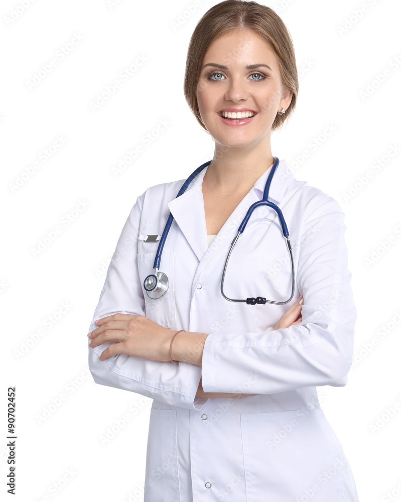 Portrait of young woman doctor with white coat standing in Portrait of young woman doctor with white coat standing in