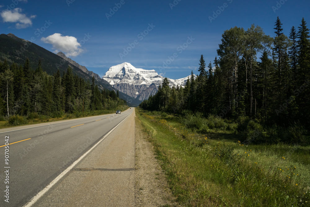 Highway 16  and Mount Robson in blue sky, British Columbia