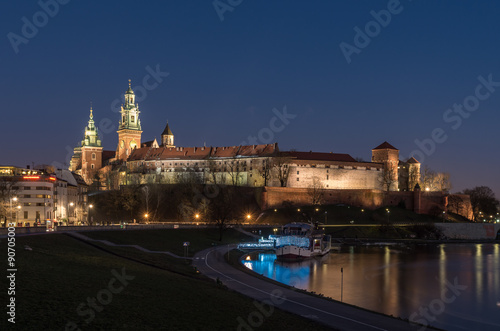 Wawel Castle and Wawel cathedral seen from the Vistula boulevards in the evening