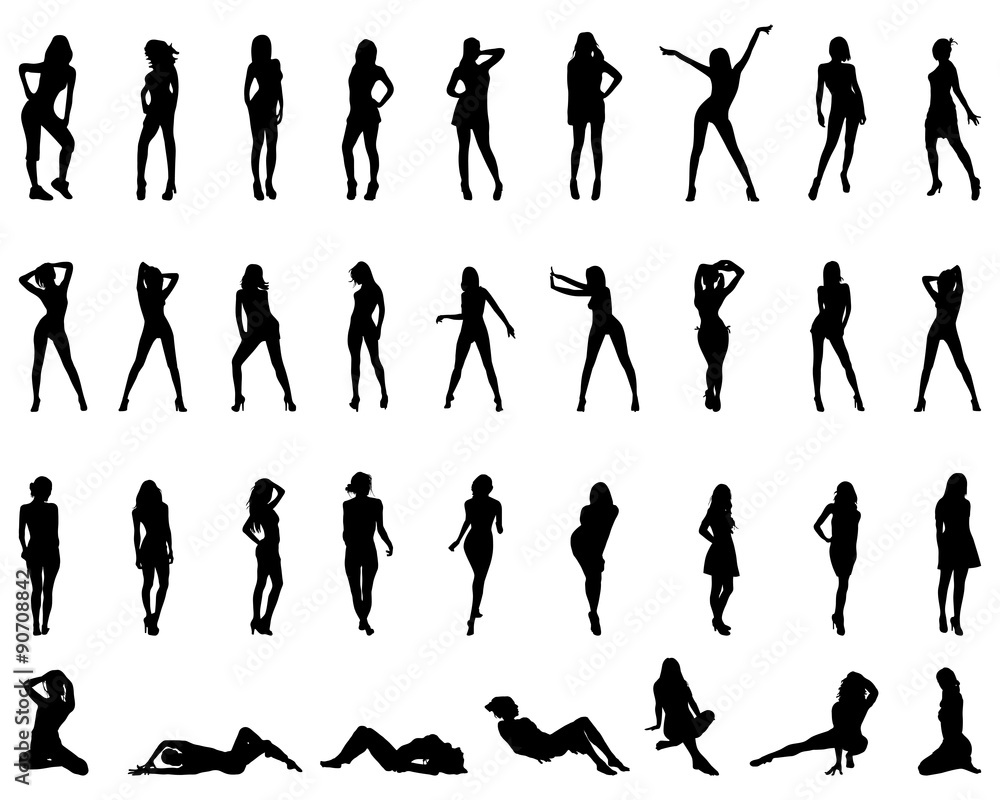 Black silhouettes of girls in various poses, vector Black silhouettes of girls in various poses, vector