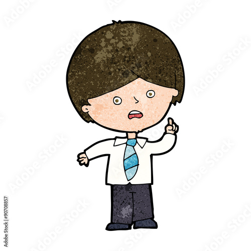 cartoon worried school boy raising hand