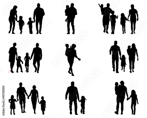 Black silhouettes of families in walk, vector