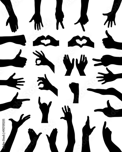 Big set of black silhouettes of hands, vector