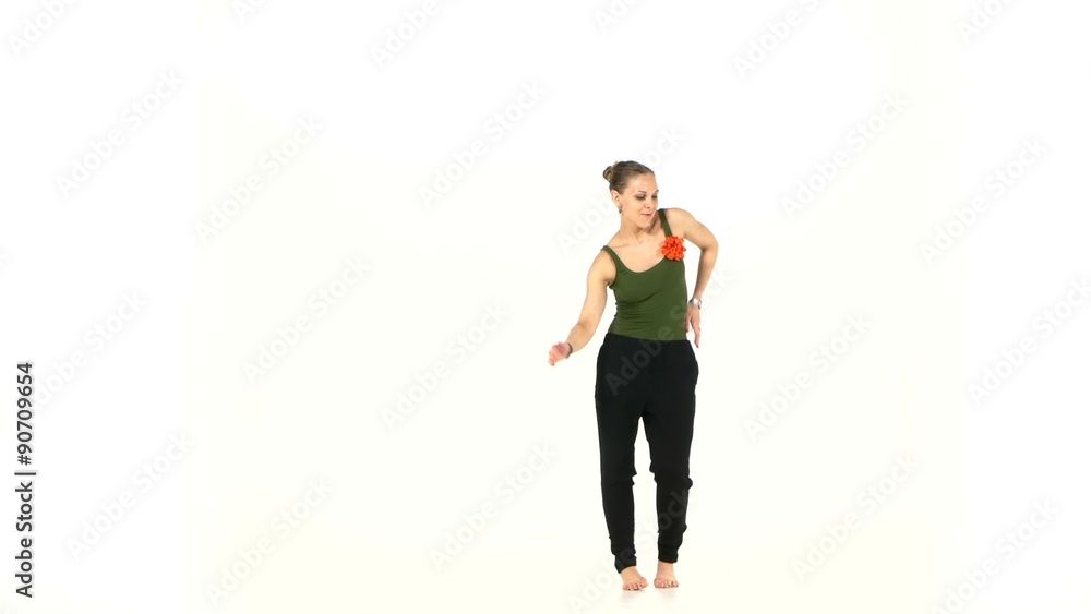 Starting dancing barefoot young woman social latina on a white Starting dancing barefoot young woman social latina on a white
