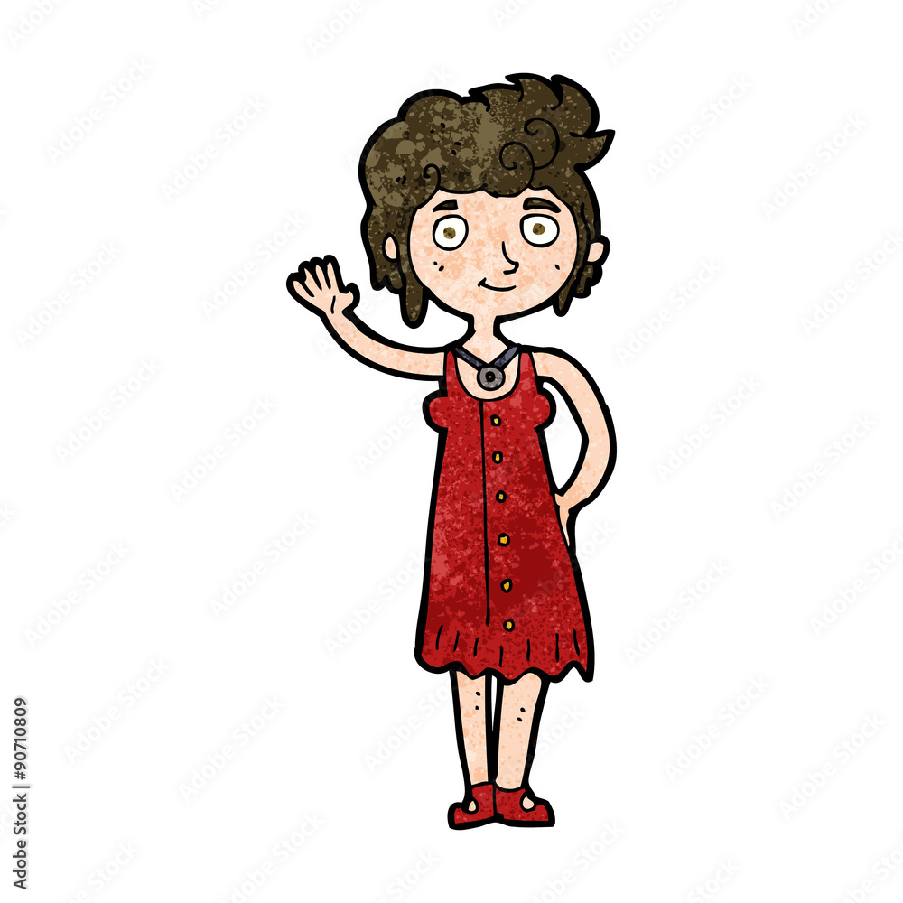 cartoon hippie woman waving