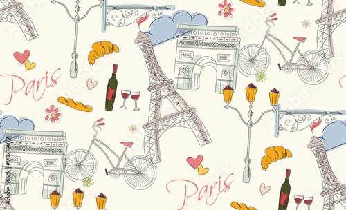 Paris symbols, postcard, seamless pattern, hand drawn