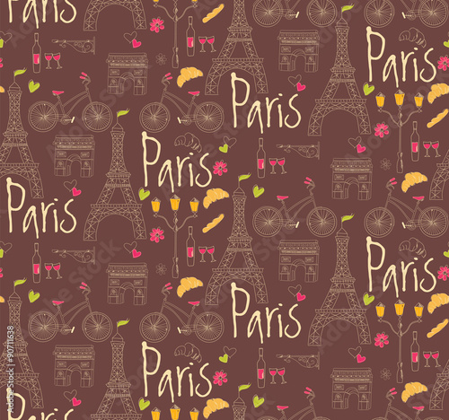 Paris symbols, postcard, seamless pattern, hand drawn