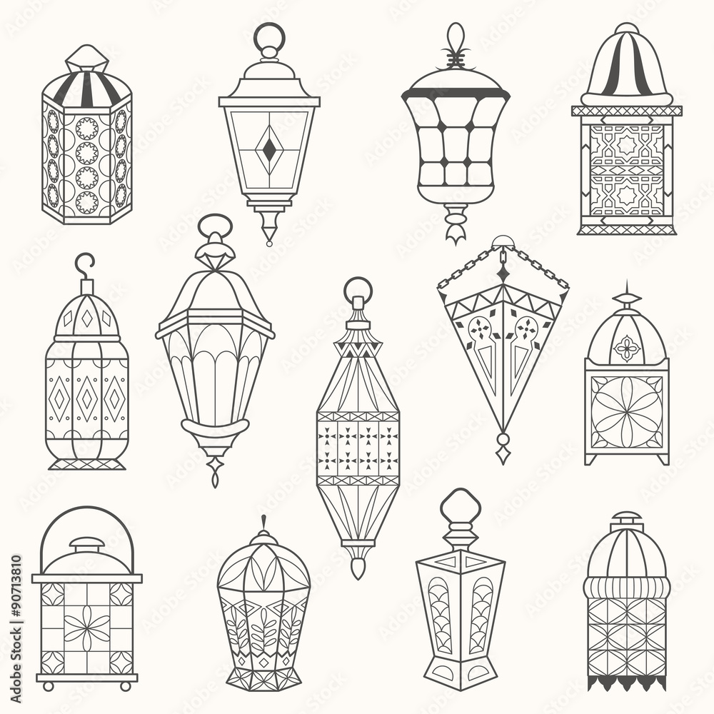 Set of old lamps. Lantern vector dark silhouettes