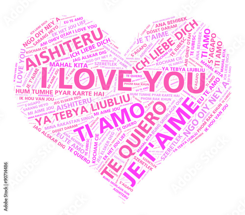 Heart shape word cloud with the words I love you in many different languages