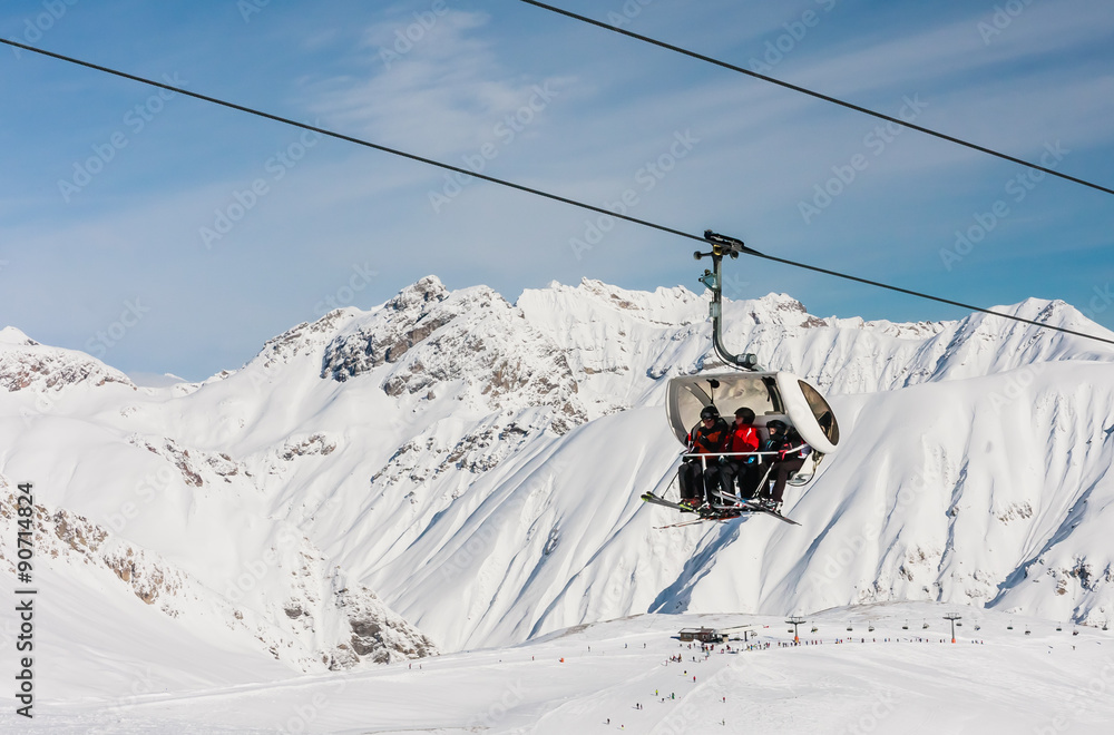 LIVIGNO, ITALY - JANUARY 28, 2015: Ski lift. Alps. Livigno, Lombardi, January 28, 2015, Italy. Livigno is  developing ski resort in northern Italy