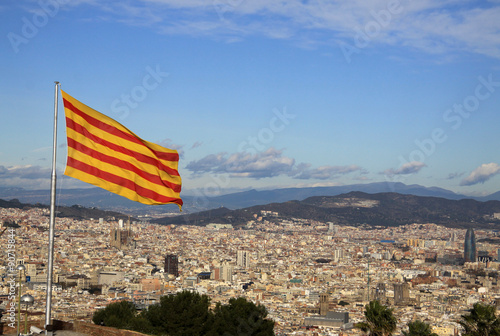 Flag of Catalonia in Montjuic Castle, Barcelona, Catalonia, Spain