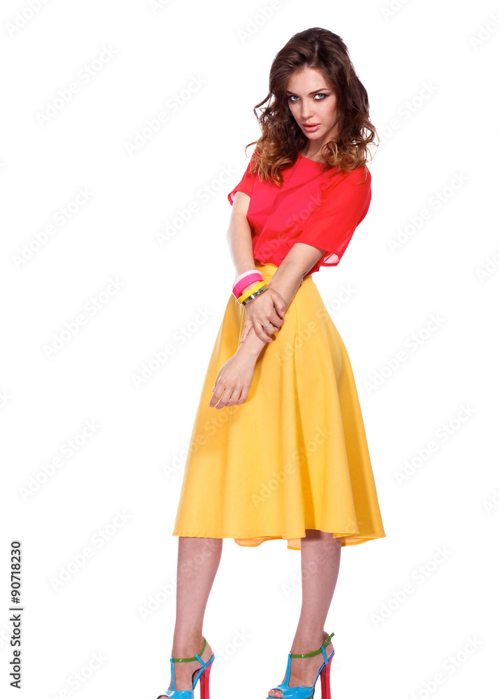 Beautiful woman with curly hair wearing a red jacket, isolated Beautiful woman with curly hair wearing a red jacket, isolated