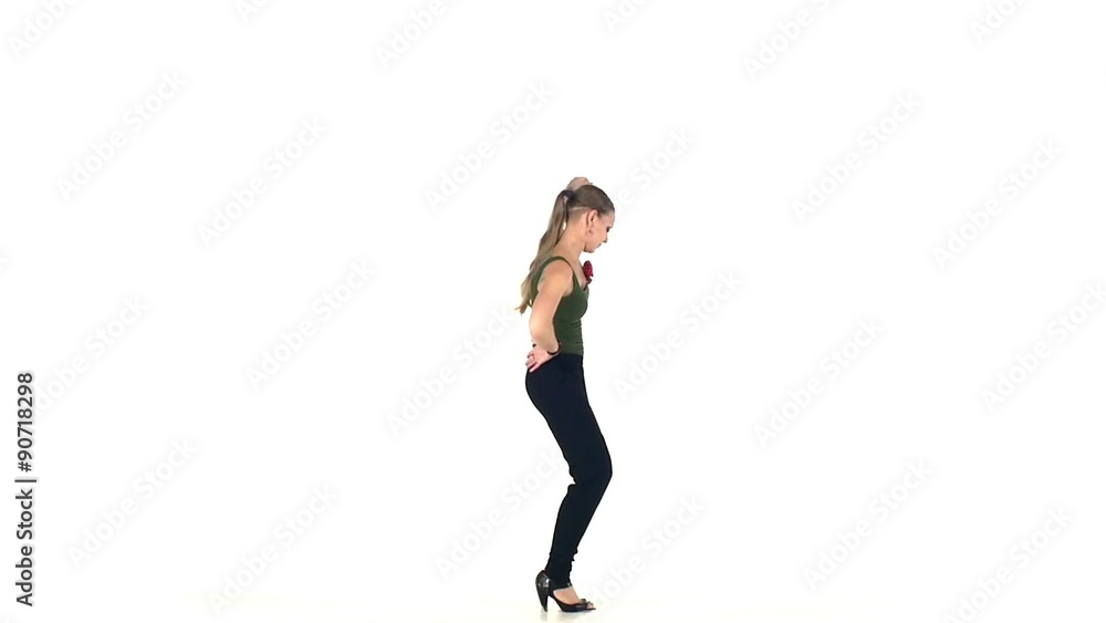 Young social latin dancer continue moving dance, on white, slow Young social latin dancer continue moving dance, on white, slow
