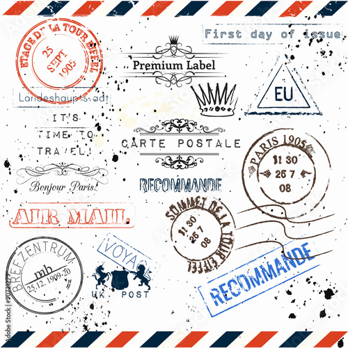 Vector imitation of vintage post stamps Paris, voyage travel voc
