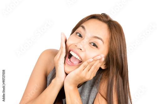 Blissful Asian Woman Portrait Reacting Good News