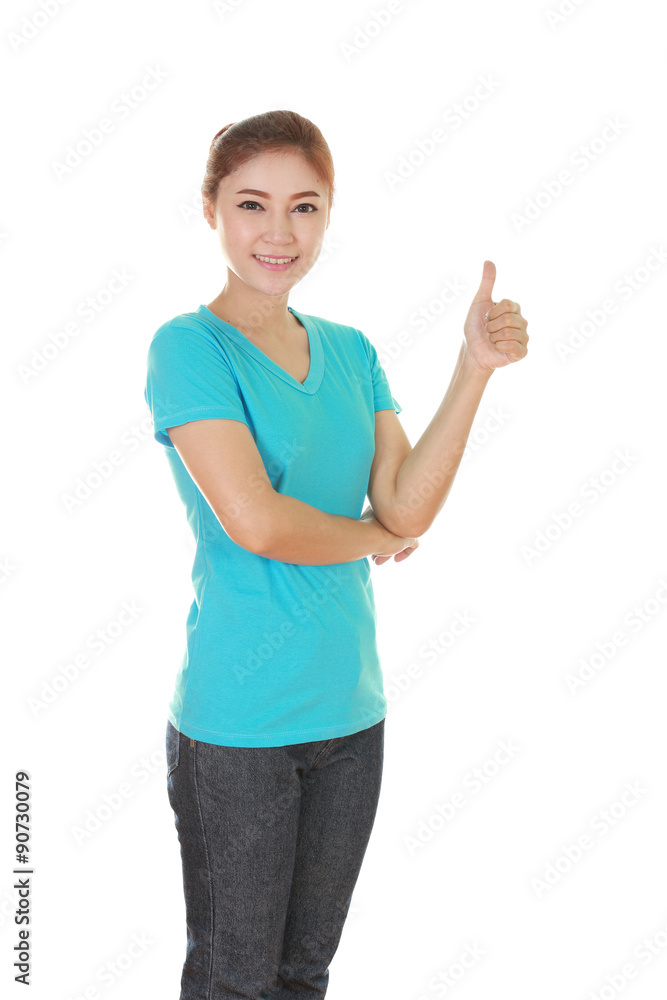 woman in blank t-shirt with thumbs up woman in blank t-shirt with thumbs up
