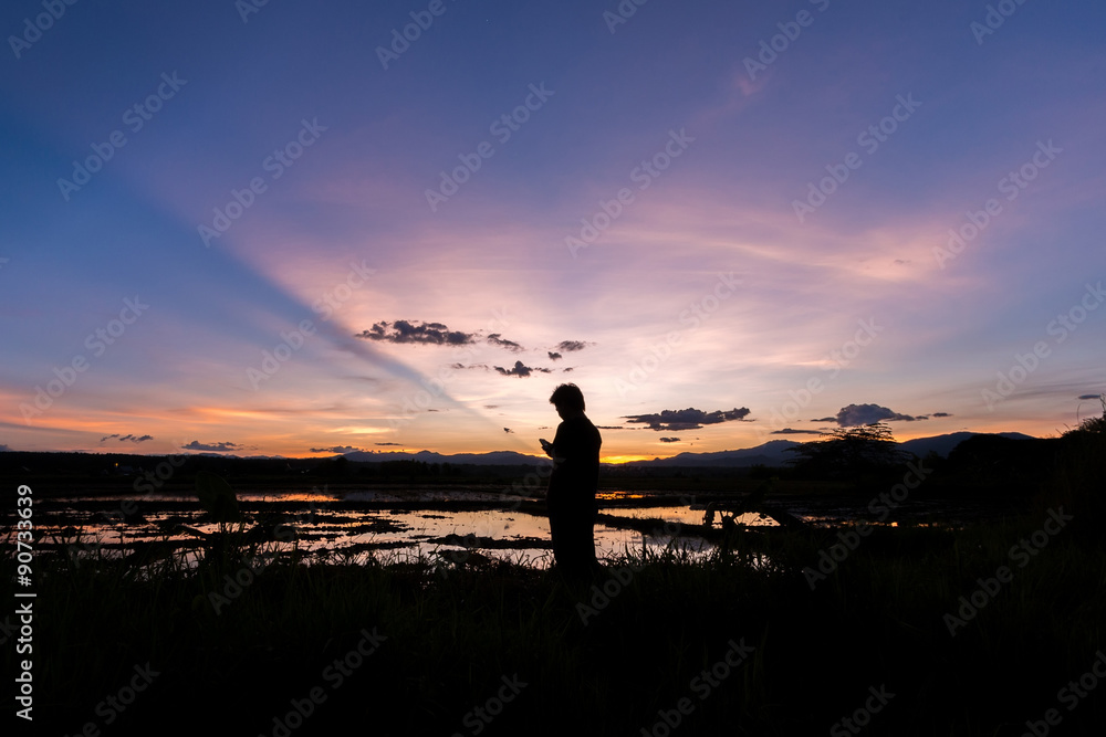 Silhouette of a man standing in a cornfield at sunset reflected