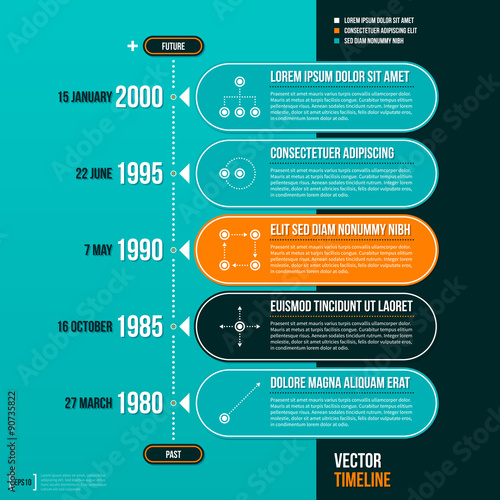 Horizontal vector timeline template on turquoise background. EPS10