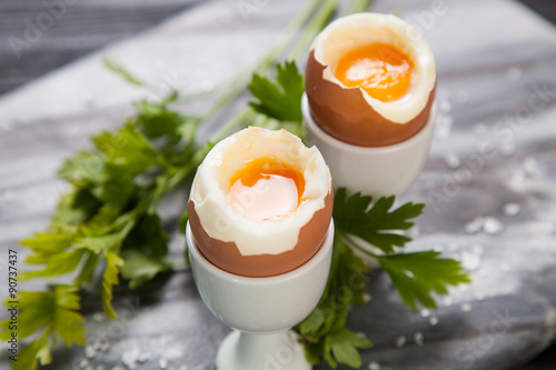 Boiled eggs on marble background