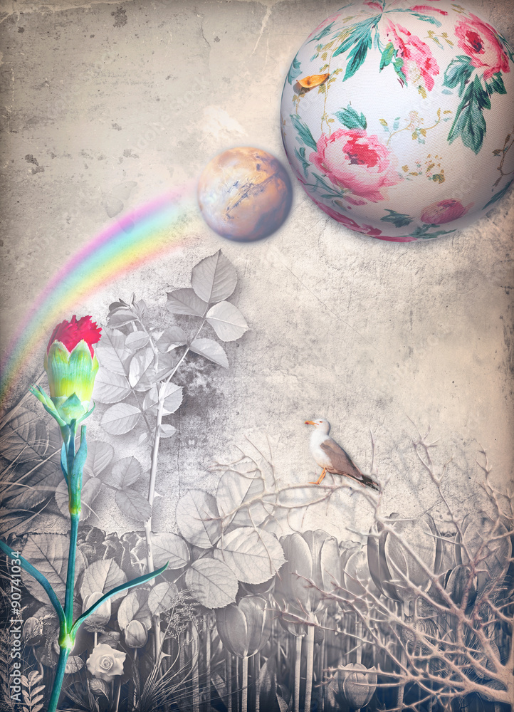 Fototapeta Enchanted country with rainbow and red carnation