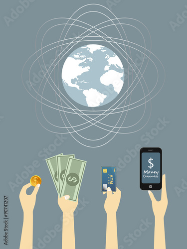 Credit card and money in hand. Business global. Concept of global trade. Vector illustration
