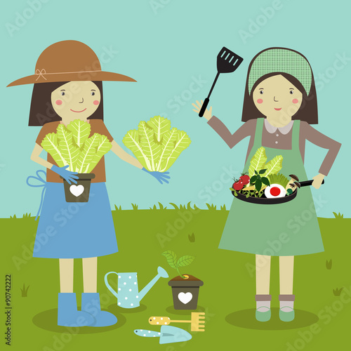 Women grow vegetables and cook. Cute girl working in garden. Growing Vegetables in a Home Garden. Pretty girl. Vector illustration