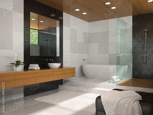 Interior of bathroom with wooden ceiling 3D rendering 4