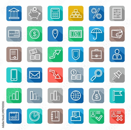 Icons, Bank, Finance, white outline, coloured background with shadow. 