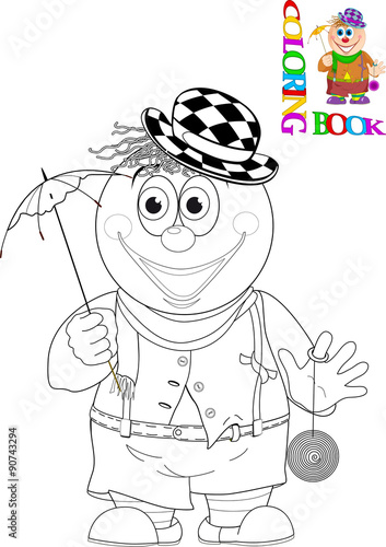 
The illustration shows a funny cartoon clown with a umbrella in hand. Illustration done in isolation, black and white outline done for coloring book