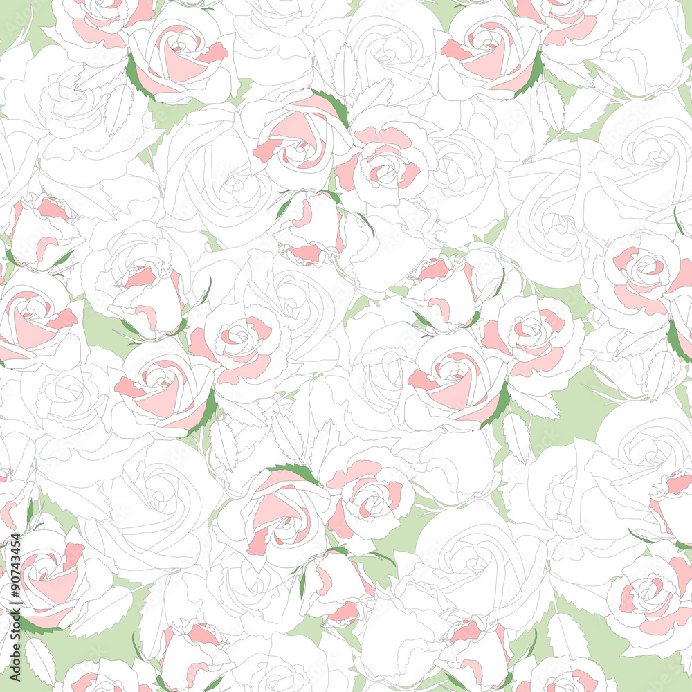 
The illustration shows the seamless floral pattern with white and pink roses