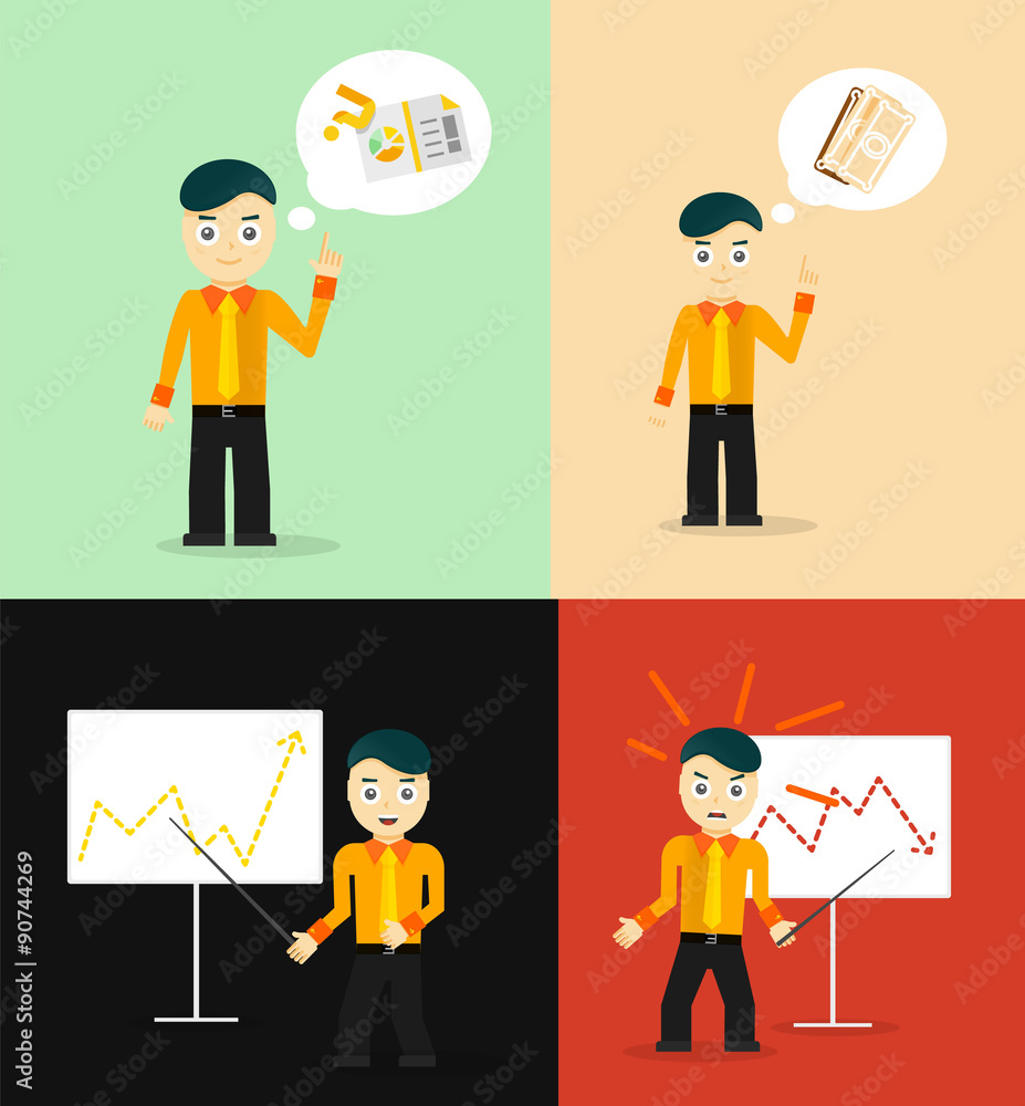 Set of cute cartoon young businessmen. Idea concept and finance Set of cute cartoon young businessmen. Idea concept and finance