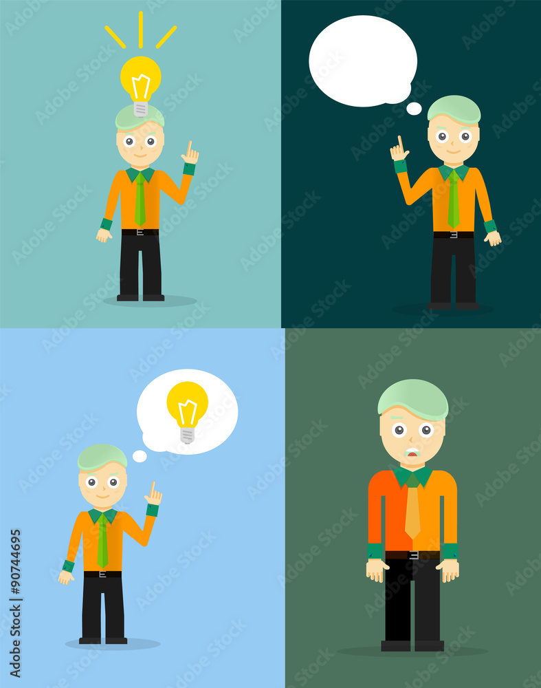 Young businessman thinking of his ideas. Set of flat design Young businessman thinking of his ideas. Set of flat design