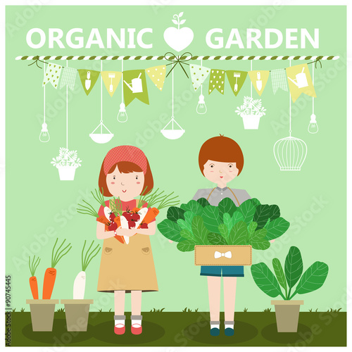 Girl and boy in garden. Growing Vegetables in a Home Garden. Pre