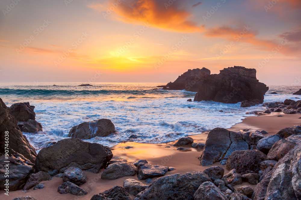 Seascape at Sunset time, the rocky coast, Portugal, Europe