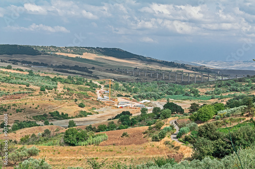 green landscape of valley with a bridge and crane 